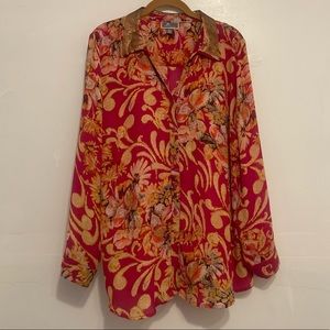 JM COLLECTION Women Button Down Shirt Berry Floral Multi Color Long Sleeve 18W